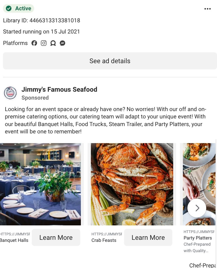 Jimmy's Famous Seafood carousel ad showing banquet hall, crab feast, and party platter options with Learn More buttons. 