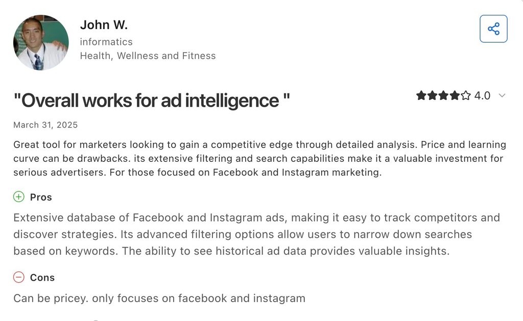 John W.'s 4-star Capterra review of AdSpy highlighting ad intelligence strengths and pricing concerns.