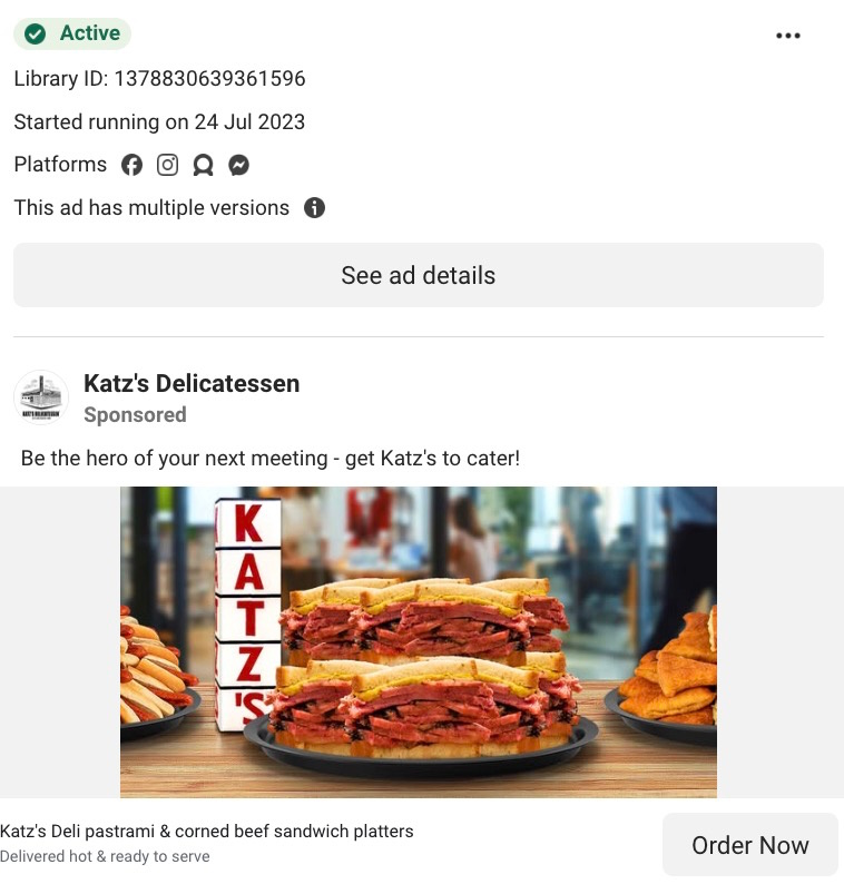 Katz's Delicatessen sponsored Meta ad featuring stacked pastrami sandwiches and platters with an Order Now button. 