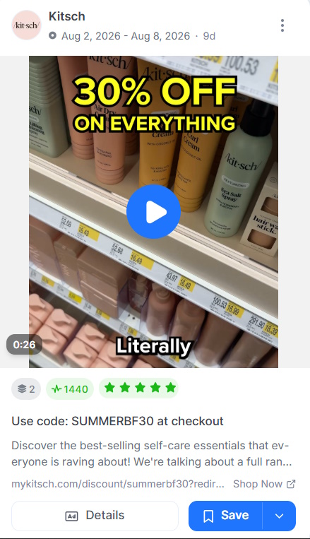 Kitsch Meta video ad showing beauty products on a store shelf with a 30% off summer promotion overlay.
