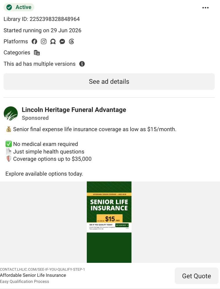 Lincoln Heritage Funeral Advantage sponsored Meta ad promoting senior life insurance starting at $15 per month. 