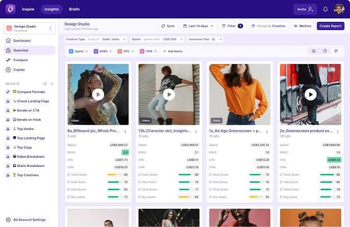 MagicBrief's Design Studio dashboard displaying video and static ad creatives with performance metrics.