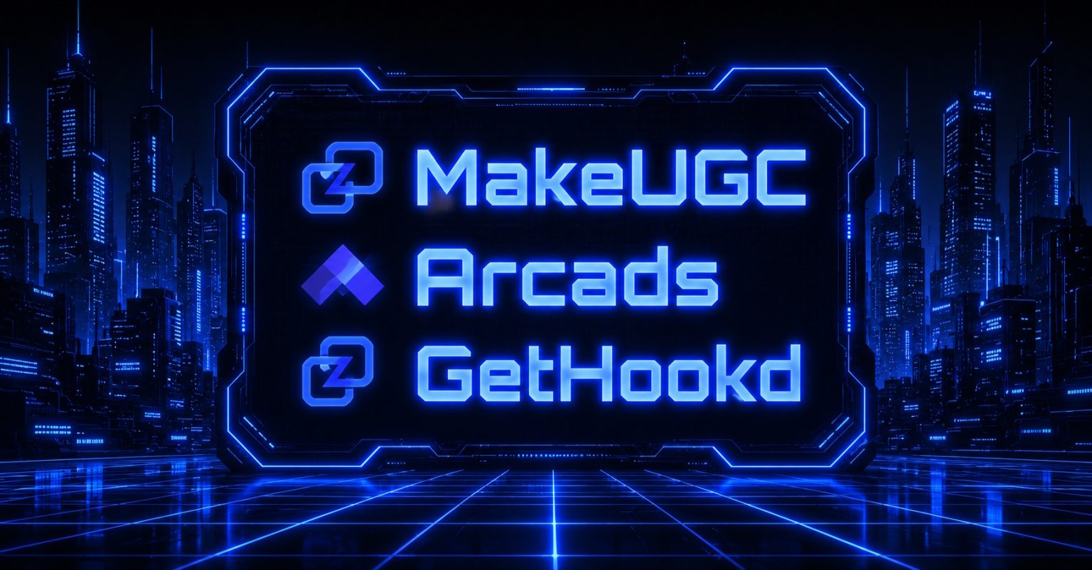 MakeUGC, Arcads, and GetHookd logos grouped to introduce a comparison of AI ad tools