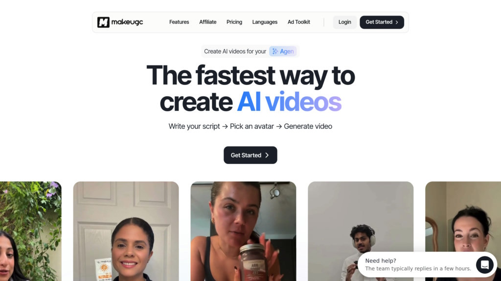 MakeUGC homepage showing AI video creation tool with avatar-fronted UGC-style ad previews.