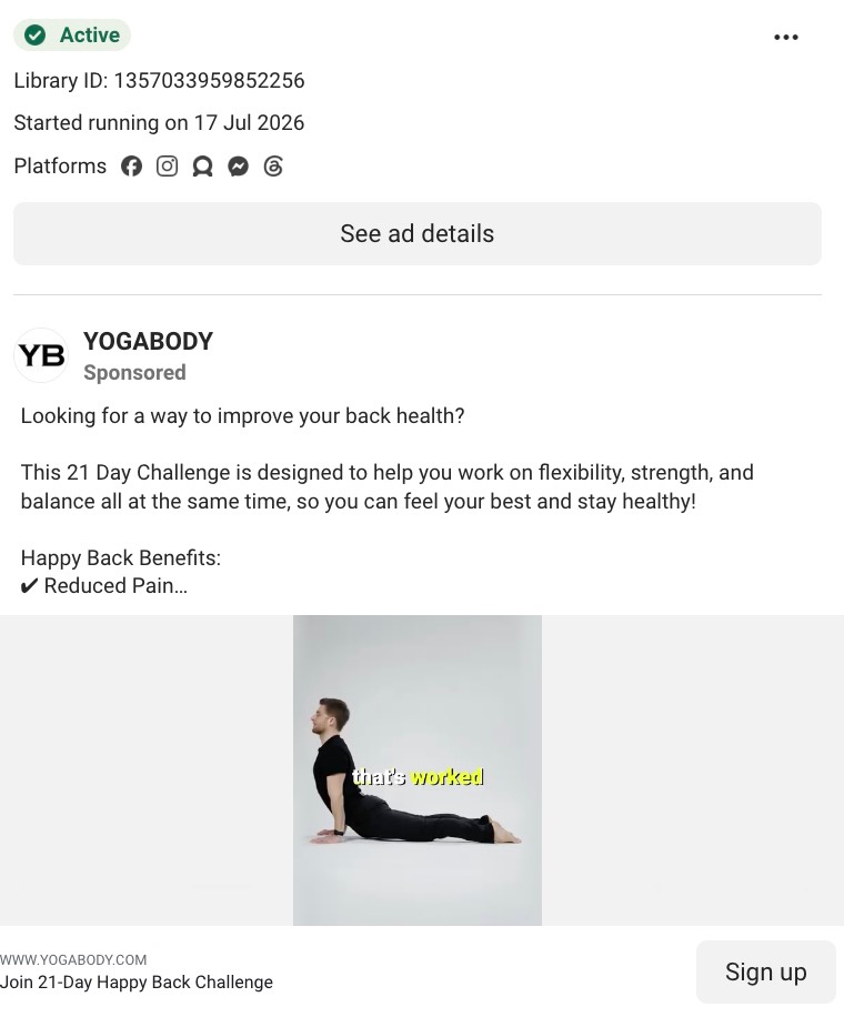 Man in cobra yoga pose in a YOGABODY-sponsored Facebook ad for the 21-Day Happy Back Challenge.