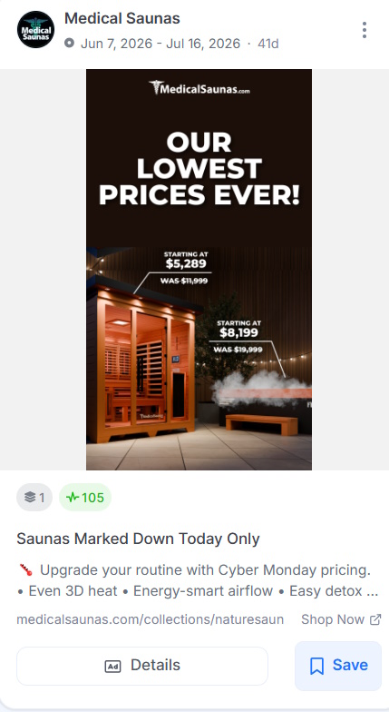 Medical Saunas urgency ad with two saunas priced at $5,289 and $8,199, next to their original prices.