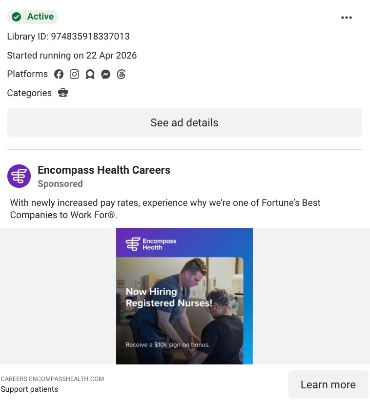 Meta Ad Library listing showing Encompass Health Careers ad hiring registered nurses with a $10k sign-on bonus. (Image courtesy of the Meta Ad Library)