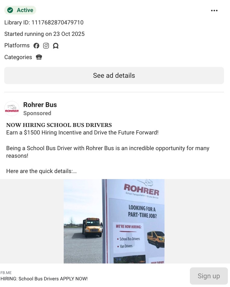 Meta Ad Library listing showing Rohrer Bus sponsored ad hiring school bus drivers with a flyer image. 