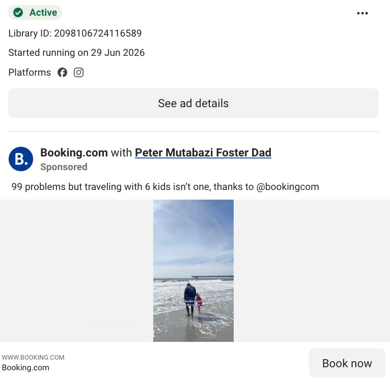 Meta Ad Library listing showing a Booking.com sponsored video ad featuring Peter Mutabazi and a child on a beach.