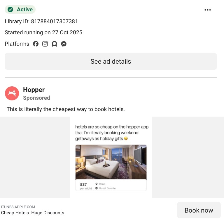 Meta Ad Library listing showing an active Hopper sponsored ad promoting a $37 per night hotel deal in Reno.