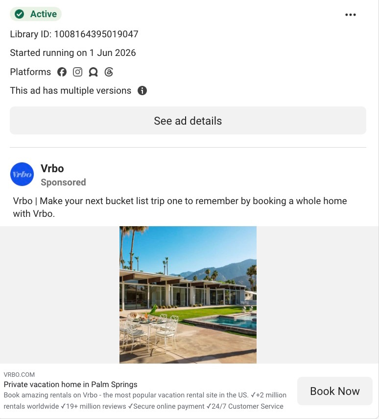 Meta Ad Library listing showing an active Vrbo sponsored ad featuring a Palm Springs vacation home with a pool.