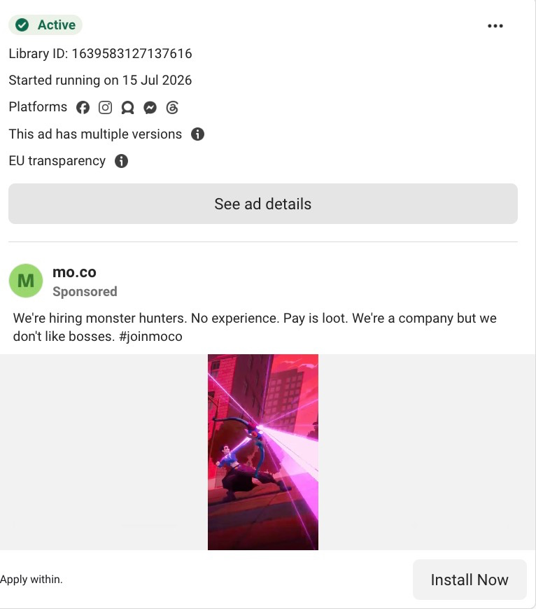 Meta Ad Library listing showing mo.co's sponsored recruitment ad with game-style copy and action video. 
