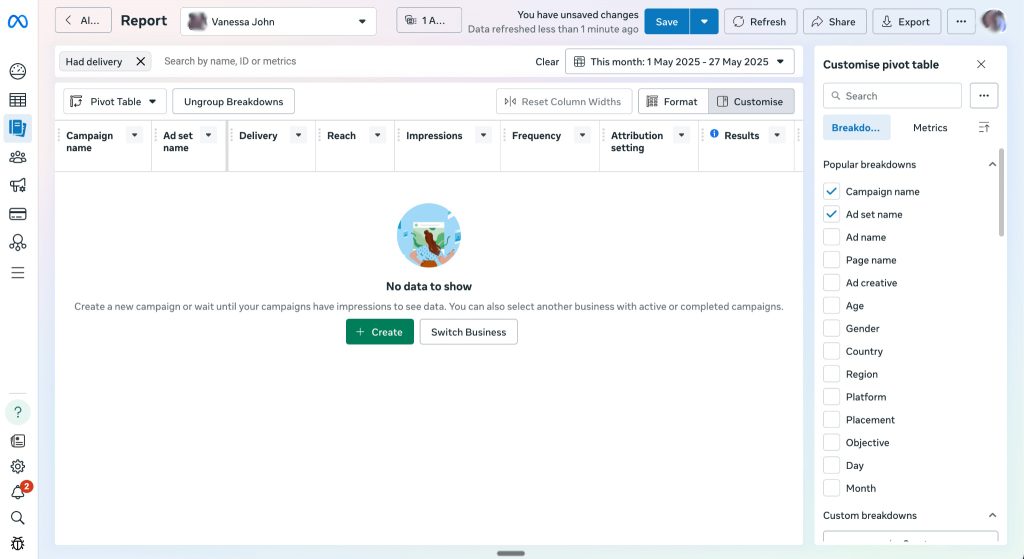Meta Ads Manager reporting dashboard showing an empty pivot table with no campaign data to display.