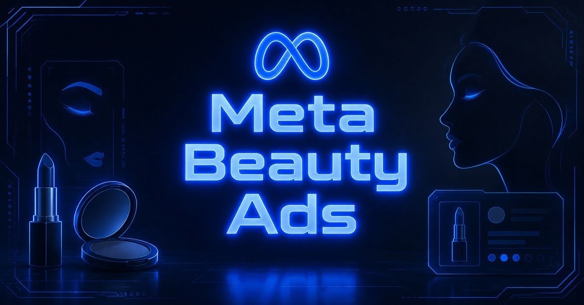 Meta Beauty Ads hero graphic with the Meta logo, lipstick, compact, and a woman's silhouette on a dark blue background.