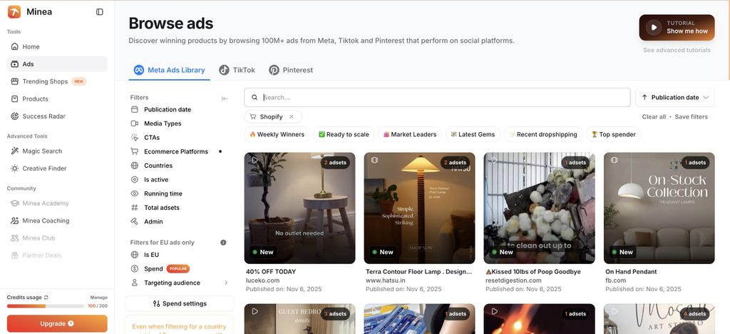 Minea Browse Ads dashboard showing Shopify-filtered Meta ad results with product listings and filter options.