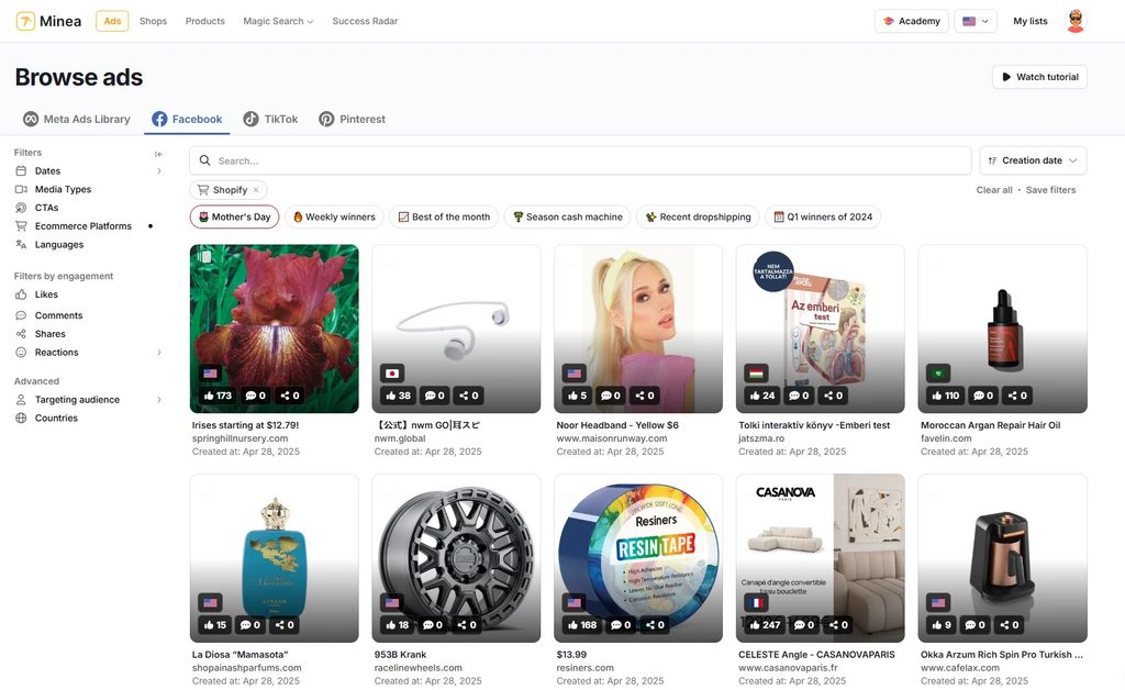 Minea dashboard showing Shopify ad search results with product details, engagement metrics, and filtering options.