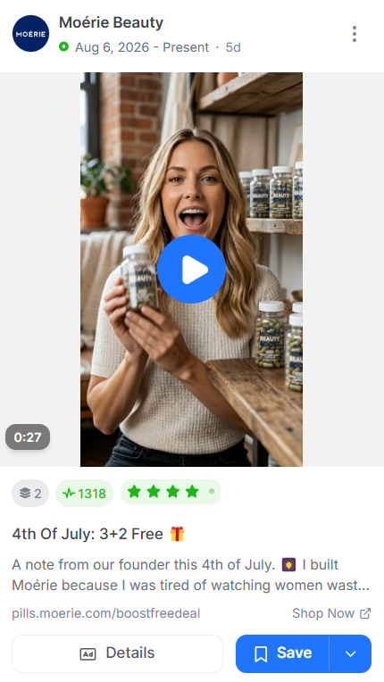 Moérie Beauty video ad showing the founder holding hair care products with a 4th of July promotional offer.