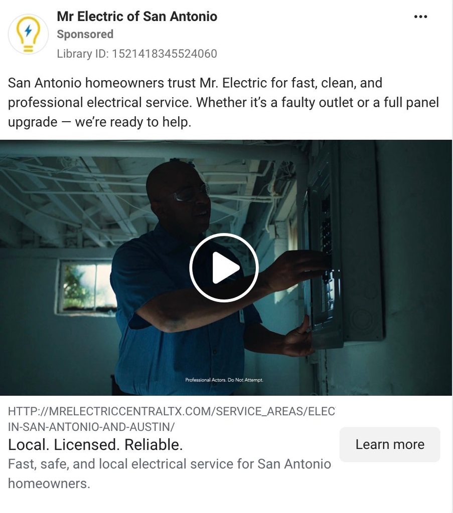 Mr. Electric of San Antonio sponsored Facebook ad featuring a technician working on an electrical panel.