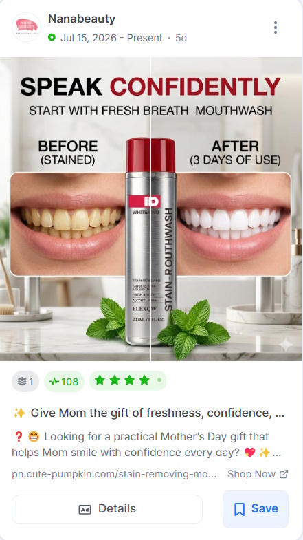Nanabeauty before-and-after ad showing stained teeth on the left and white teeth on the right, with a can of ID stain-removing mouthwash.