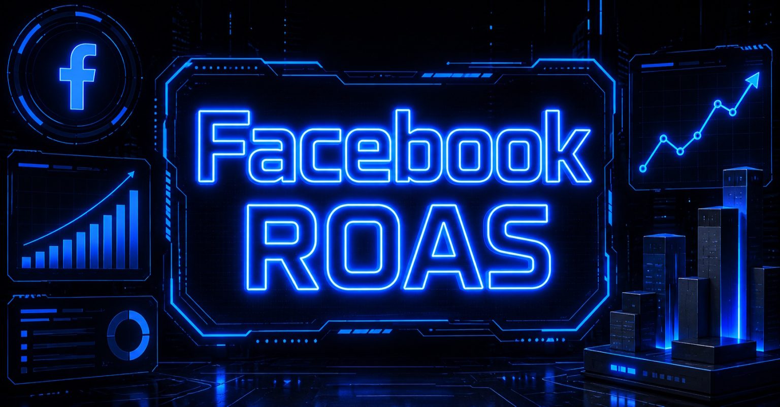 Neon blue "Facebook ROAS" text with glowing charts, graphs, and Facebook logo on a dark background.