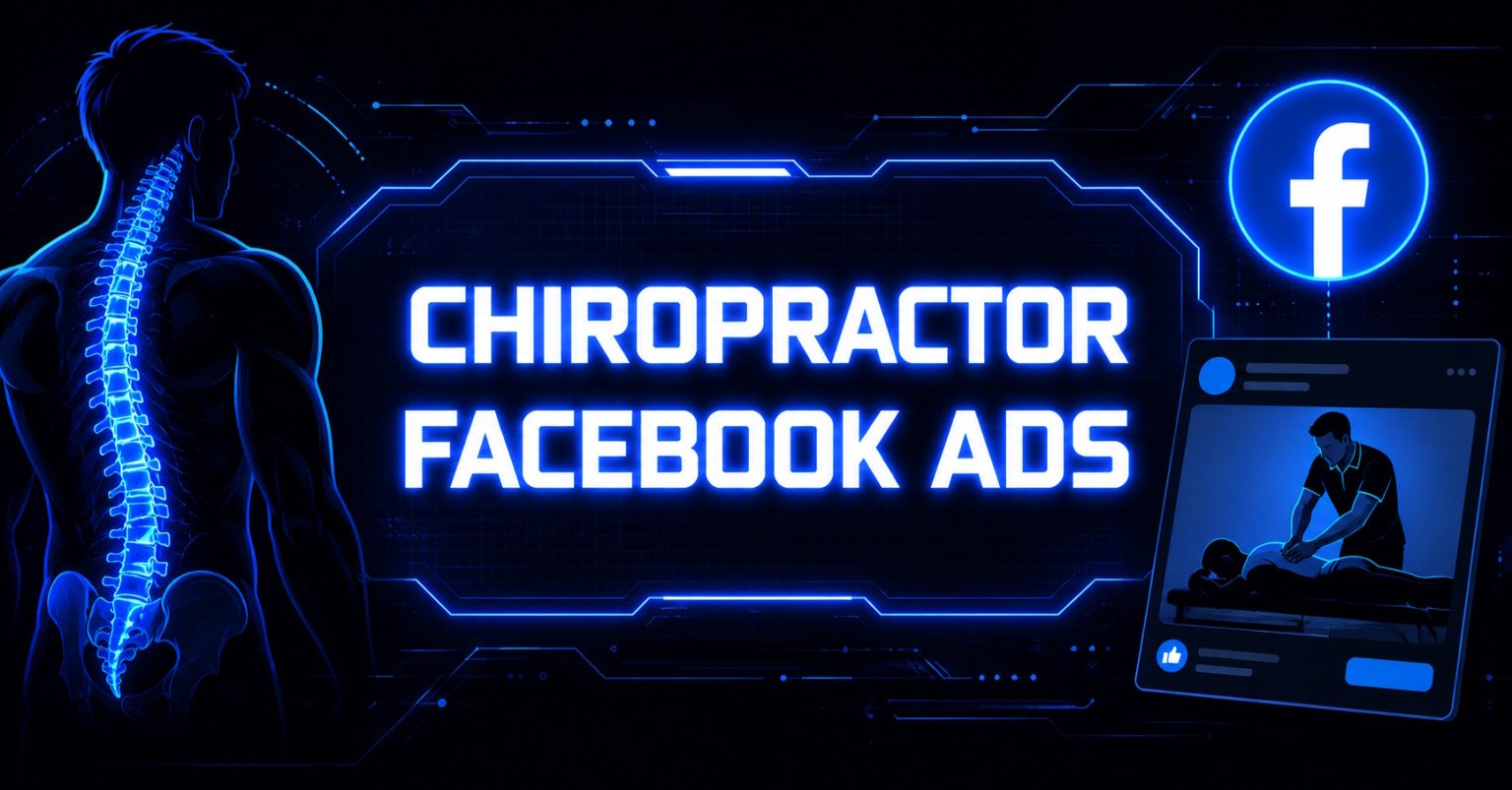 Neon-blue graphic with a glowing spine, Facebook logo, and a chiropractic treatment post reading "Chiropractor Facebook Ads."