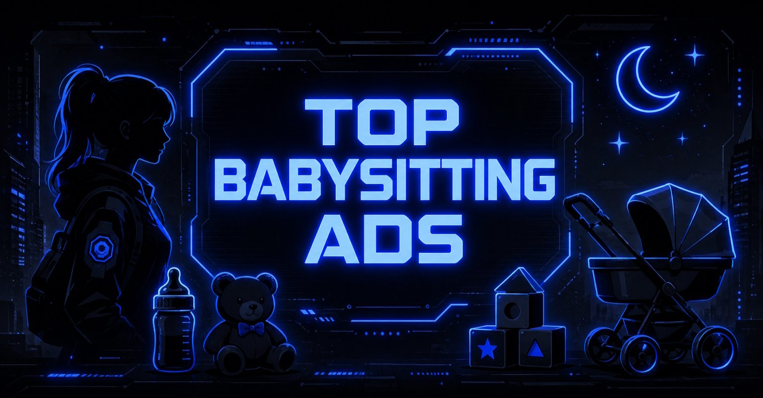 Neon-styled banner with babysitter silhouette, teddy bear, stroller, and "Top Babysitting Ads" text.