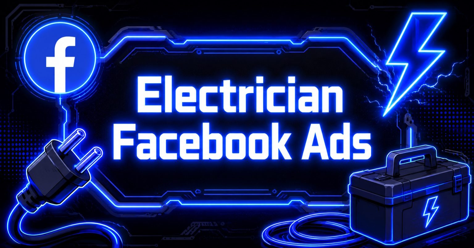 Neon-styled graphic with Facebook logo, electrical plug, toolbox, and lightning bolt promoting electrician Facebook ads.