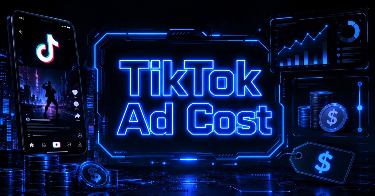 Neon-themed graphic displaying "TikTok Ad Cost" with a phone, analytics dashboards, and dollar coins.