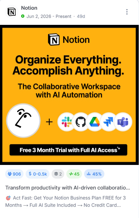 Notion ad on an orange background with integration logos and a free three-month trial offer.