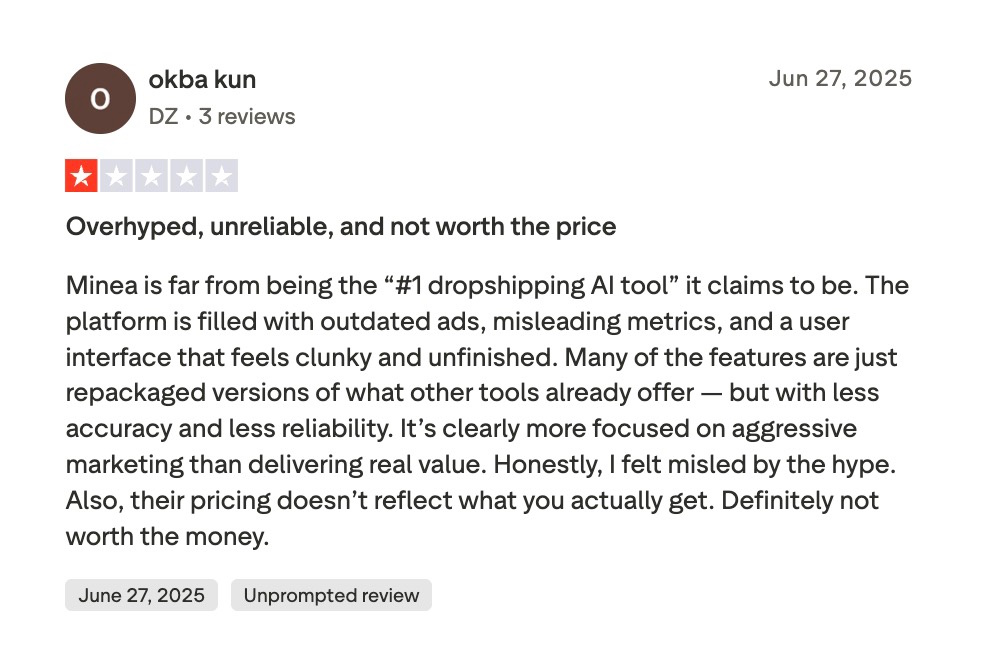 One-star Trustpilot review from okba kun criticizing Minea for outdated ads, misleading metrics, and overpricing.