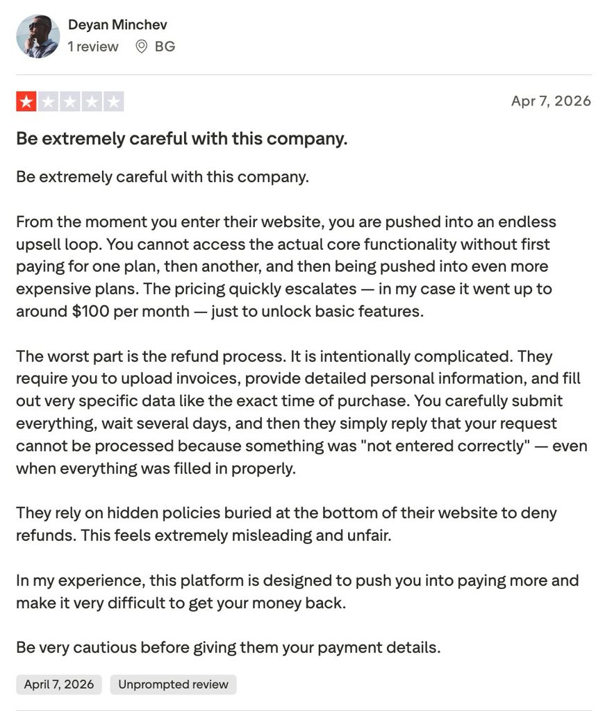 One-star Trustpilot review of Minea describing escalating plan pricing to unlock basic features and a refund process the reviewer found deliberately difficult.