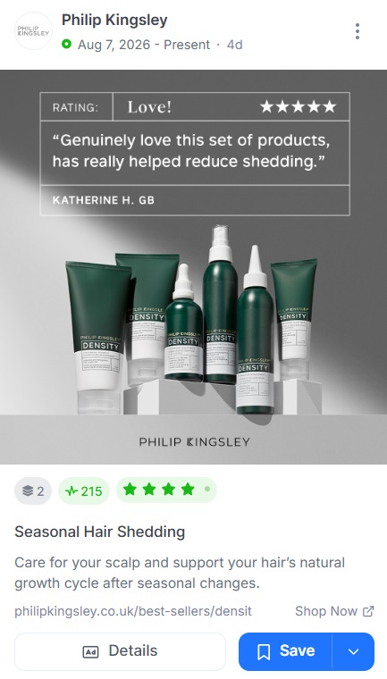 Philip Kingsley Meta ad featuring a customer review and Density hair care range.