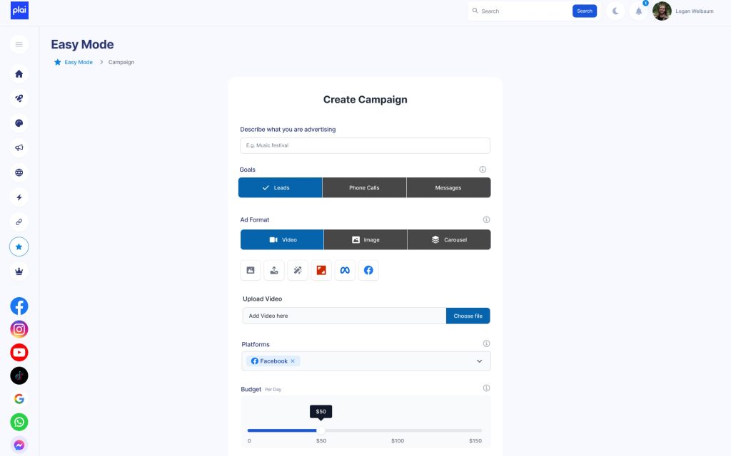 Plai.io Easy Mode "Create Campaign" interface showing goal, ad format, platform, and budget settings.