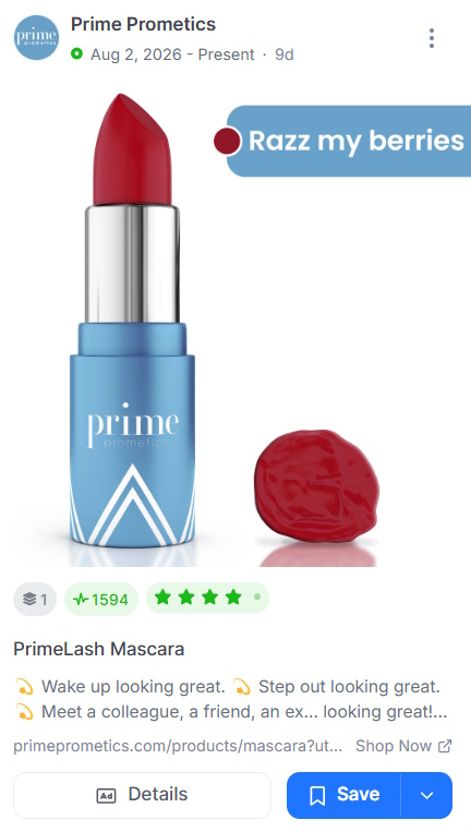 Prime Prometics Meta ad showing a lipstick in the shade Razz My Berries with a color swatch.