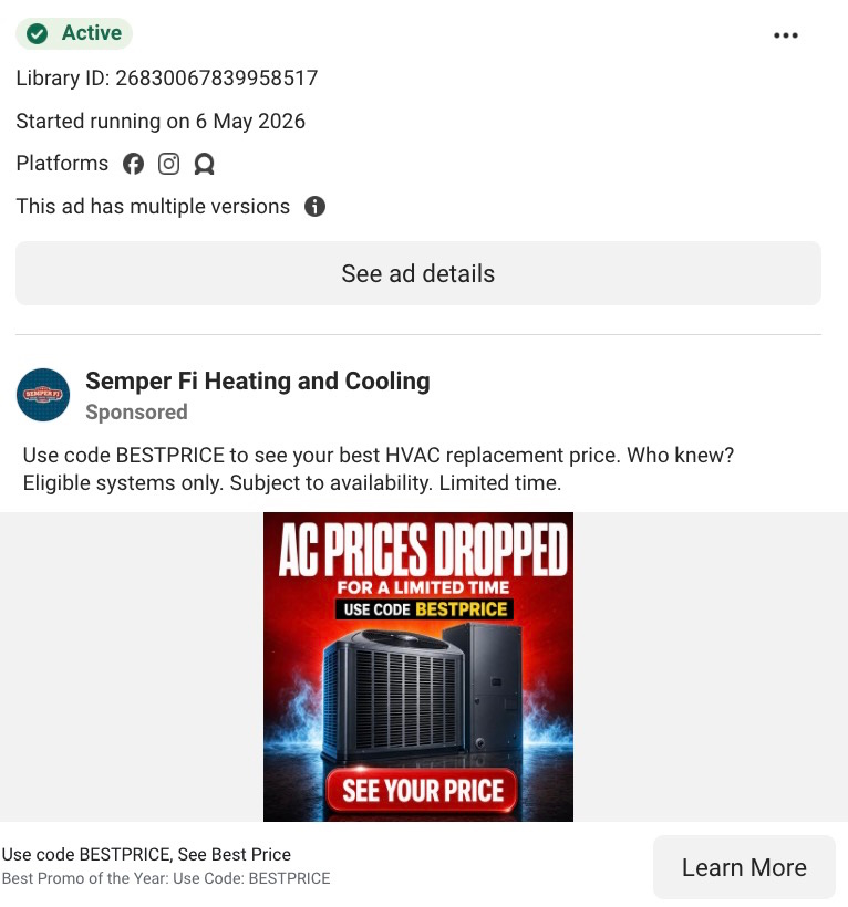 Semper Fi Heating and Cooling Facebook ad promoting AC price drops with code BESTPRICE. 