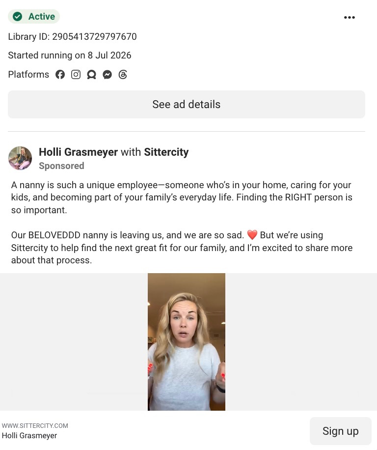 Sittercity sponsored Meta ad featuring creator Holli Grasmeyer speaking to camera about finding a new nanny.