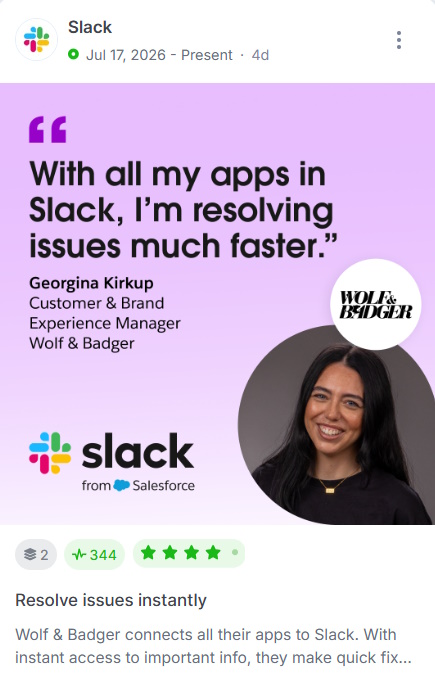 Slack ad showing a customer quote from Georgina Kirkup of Wolf & Badger about resolving issues faster.