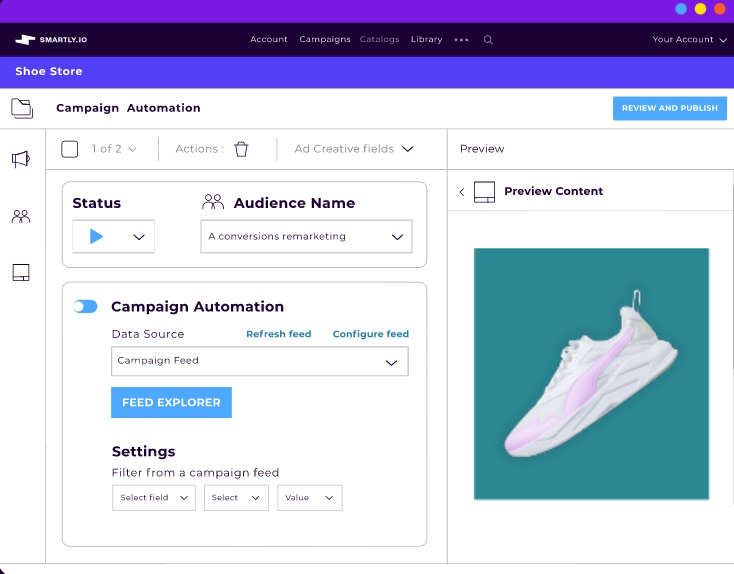 Smartly.io Campaign Automation interface showing audience targeting settings and a sneaker ad preview.