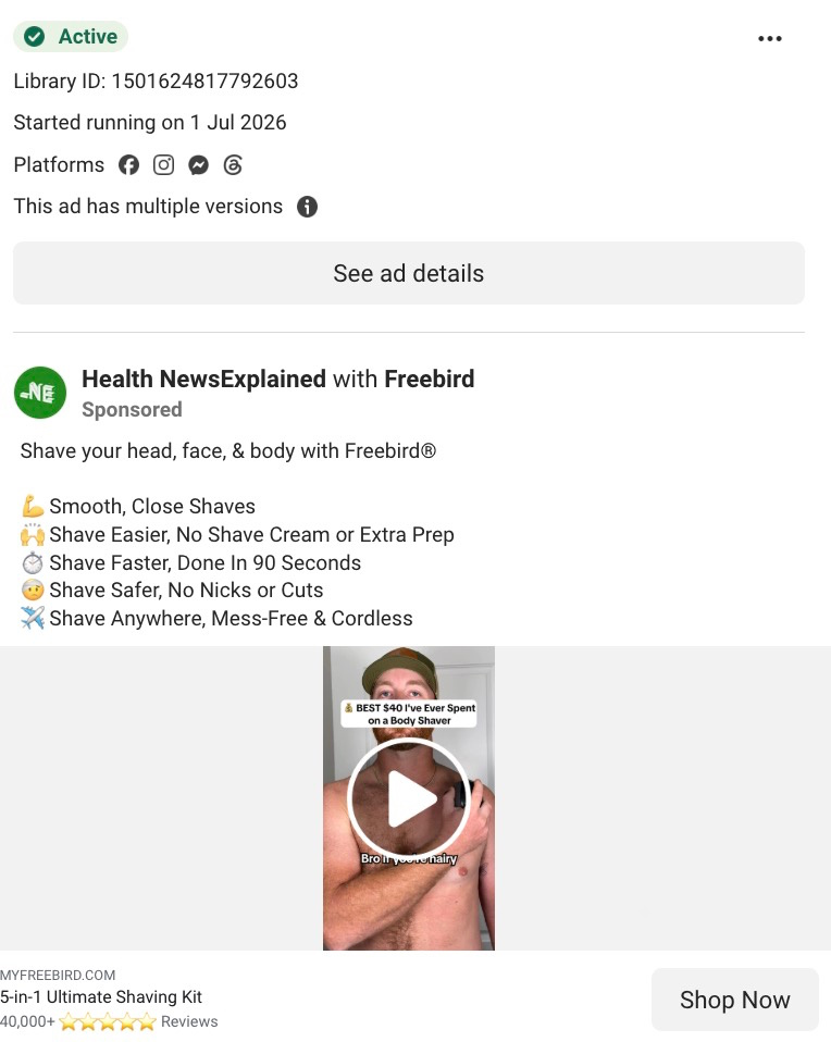 Sponsored Freebird shaver ad from Health NewsExplained page showing benefit list and video thumbnail on Meta.