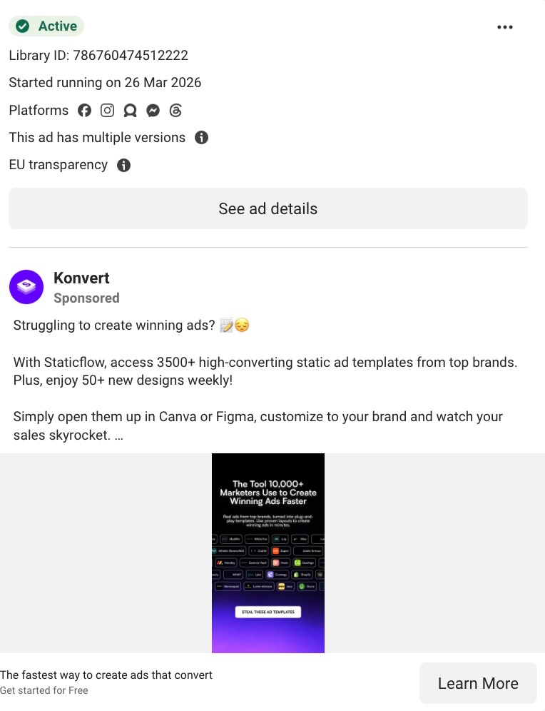Sponsored Staticflow ad from Konvert page showing template library pitch and brand logo grid on Meta.