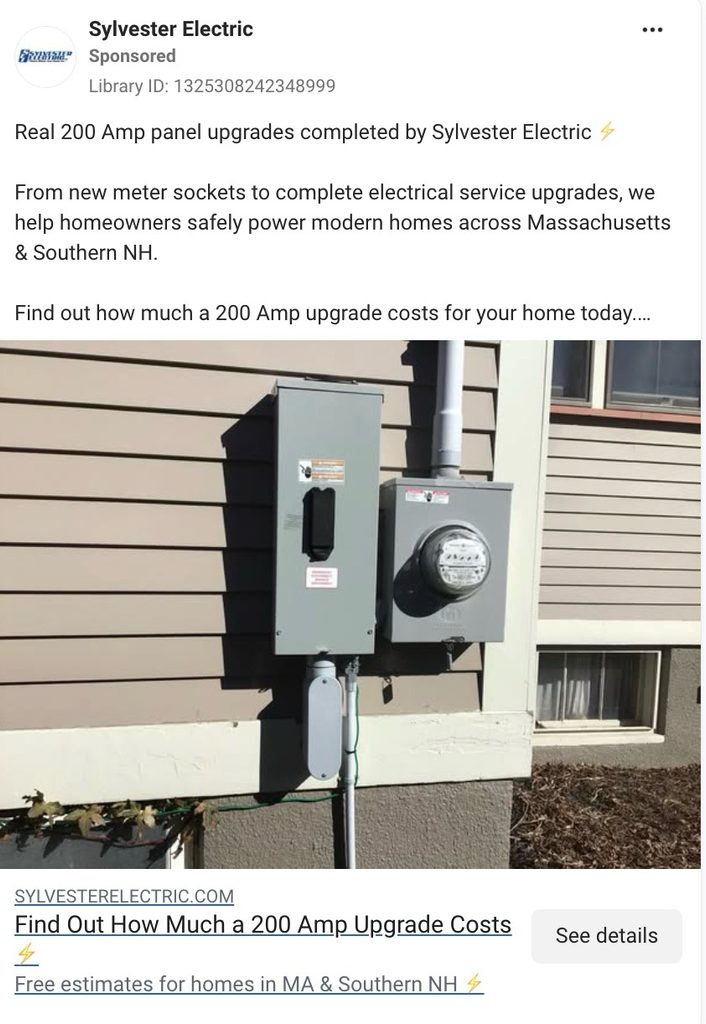 Sylvester Electric Facebook ad showing a completed 200-amp panel upgrade on a home exterior.