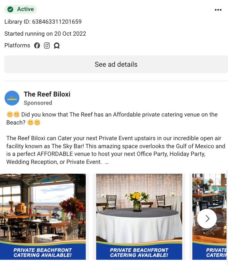 The Reef Biloxi carousel ad featuring beachfront venue setup, table settings, and "Private Beachfront Catering Available" banners. 