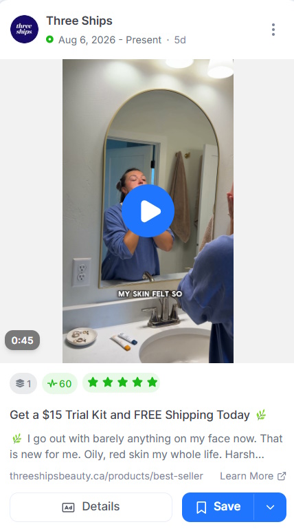 Three Ships Meta video ad showing a woman applying skincare in a bathroom mirror.