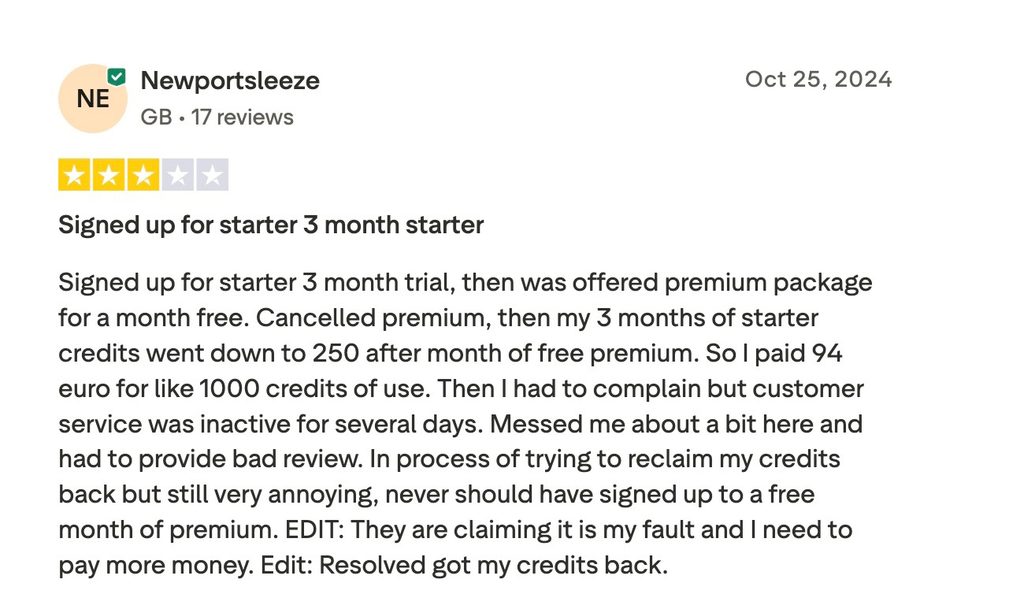 Three-star Trustpilot review describing frustration with Minea's credit system and unresponsive customer service.