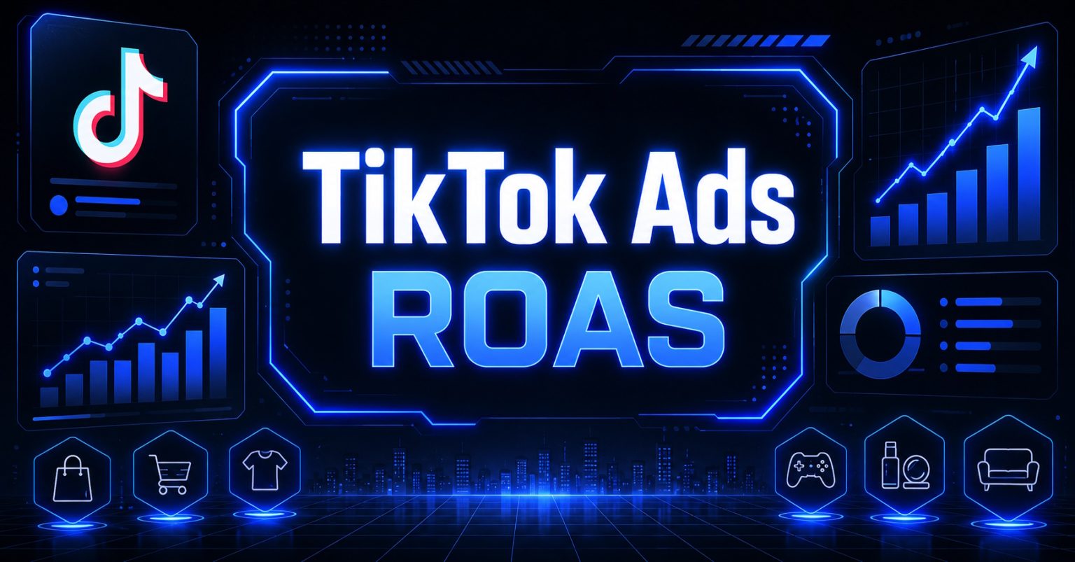 TikTok Ads ROAS graphic with growth charts, product icons, and analytics dashboards on a dark blue background.