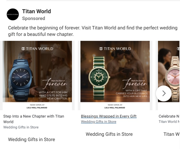 Titan World sponsored carousel showing three watches, each on its own card with matching branding.