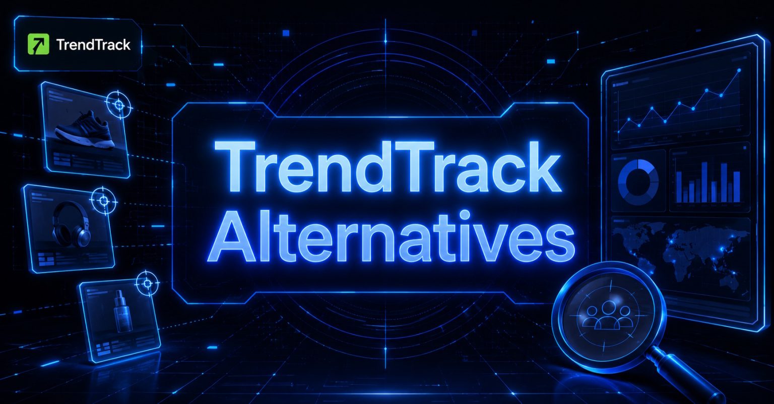 TrendTrack Alternatives banner with product images, analytics charts, and a magnifying glass on a dark digital background.