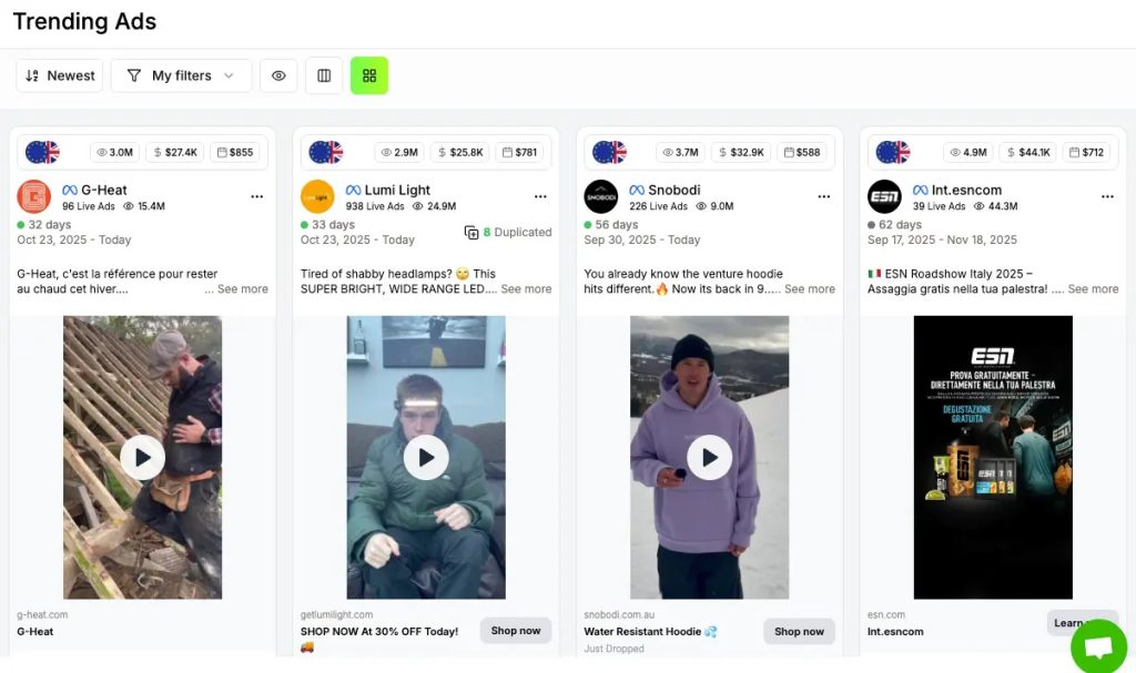 TrendTrack Trending Ads dashboard displaying four Shopify brand ad cards with spend, impressions, and revenue metrics.