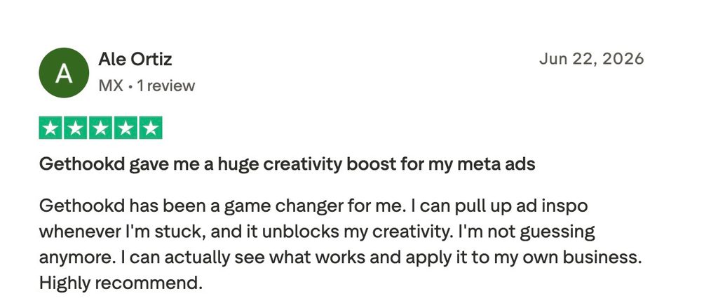 Trustpilot five-star review from Ale Ortiz praising GetHookd for boosting Meta ad creativity.