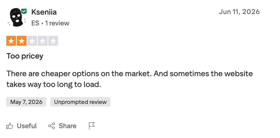 Two-star Trustpilot review from Kseniia criticizing BigSpy for high pricing and slow website load times.